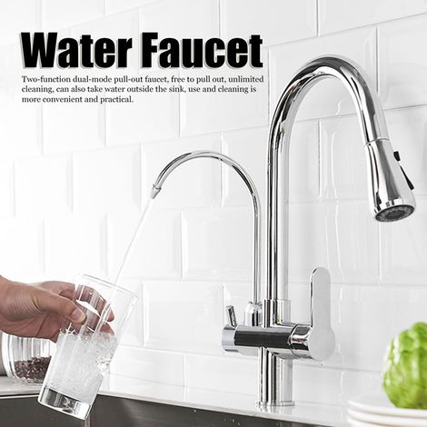 Grifo de cocina moderno con dos manijas, G1/2, filtro 3 en 1, purificador de agua, rociador y columna extraíbles, cobre galvanizado, 41 cm (1/5)