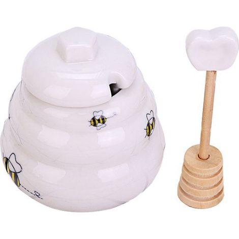Pot À Miel En Céramique - Forme De Ruche - Avec Cuillère En Bois - Pour Thé Et Café - Lot De 1 (1/5)