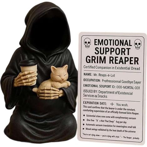 Figura de la Parca, estatua de resina pintada a mano con café y gato con mapa, misteriosa figura gótica con vestido negro, decoración de escritorio (B) (1/5)