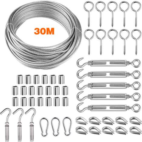 Kit de fil en acier inoxydable 30 m/2 mm avec tendeur de fil robuste M5, kit d'enrouleur de fil pour clôture, garde-corps à câbles, tendeur de fil de jardin pour plantes (1/5)