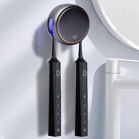 Stérilisateur de brosse à dents UV, porte-brosse à dents intelligent, montage mural, brosse à dents UV, désinfectant, peut contenir deux brosses, taux d'élimination des germes de 99 % pour la (1/5)