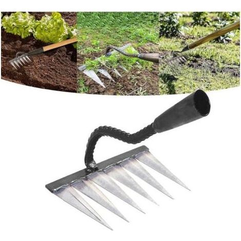Râteau de Jardin - Traditionnel Râteau en Acier au Carbone, Râteau à Feuilles, Râteau à Gazon pour Le Jardin, Râteau à Dents, pour désherber/démêler/semer 6 Dents en Acier (sans bâton) (1/4)