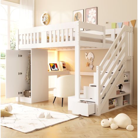 Letto a soppalco junior 140 x 200 cm con scrivania, armadio, scala portaoggetti e LED, bianco (1/5)