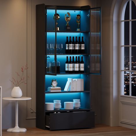 REDOM Vetrina 80x34x180 cm, armadio alto con ante in vetro e LED partizioni aperte, 1 cassetto, MDF, nero, per soggiorno (1/5)