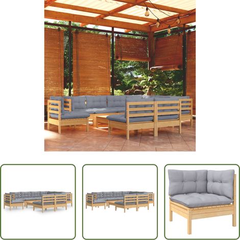 Terrassensofa - 10-tlg. Garten-Lounge-Set mit Grauen Kissen Kiefer Massivholz (1/5)