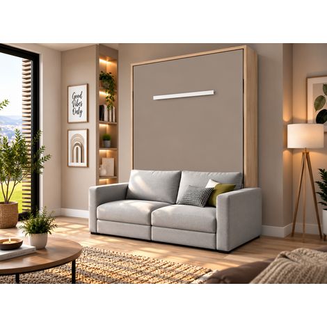 Lit escamotable vertical KIMBER avec canapé tissu intégré – Le salon le jour, un vrai lit la nuit Chêne clair Gris clair-140x190-Cadre Chêne clair-Façade Taupe-Canapé Gris clair (1/5)