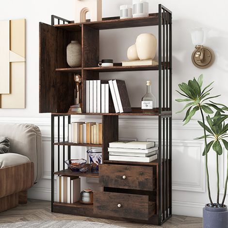 Bibliothèque industrielle en acier, 6 étagères avec portes et tiroirs, du sol au plafond, rangement vintage, marron ancien, meuble de stockage robuste (1/5)