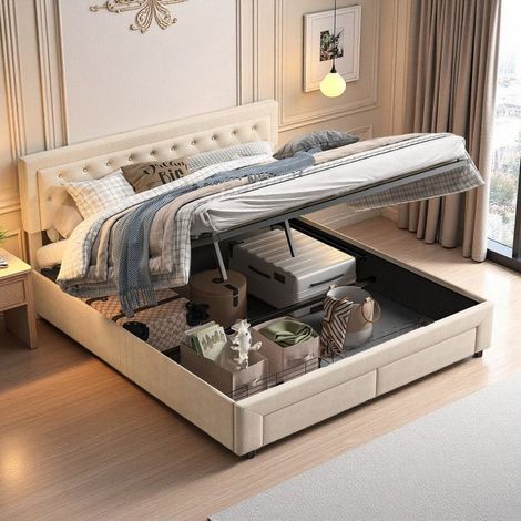 Letto contenitore - 160x200 - Testata imbottita in velluto beige - Sollevamento pneumatico - Cassetti laterali