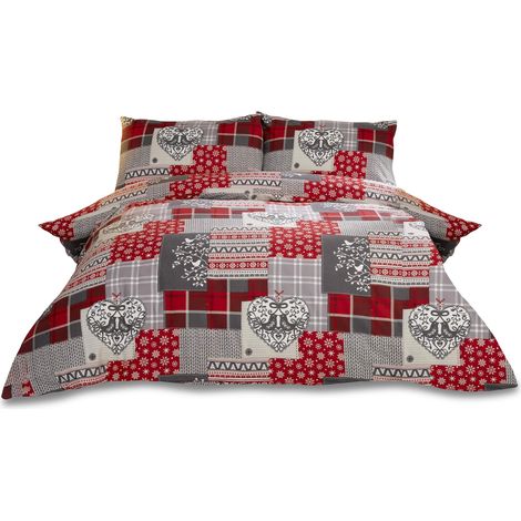 Parure de lit Une Personne en Flanelle 100% Coton brossé - Housse de Couette et taie d’Oreiller Motif Patchwork Alpin Rouge/Multicolore (1/5)