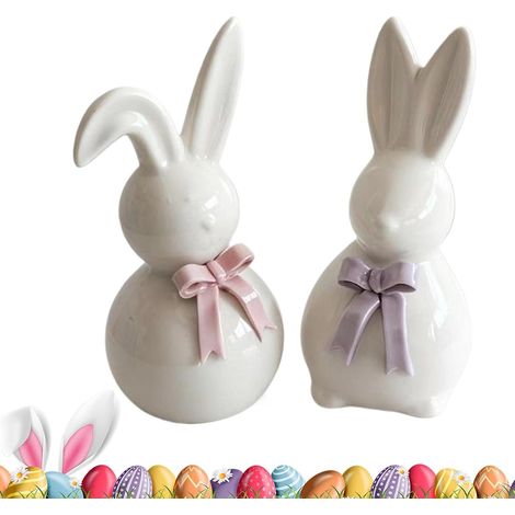 Figurine De Lapin De Pâques Décoration Printanière en Céramique avec Noeud Décoration de Pâques Sculpture Lapin pour Salon Chambre Bureau École Entrée Maison et (1/5)