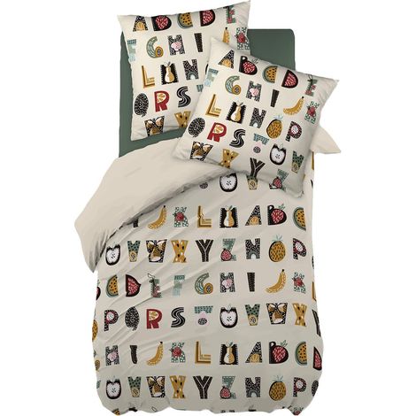 FRUIY - Parure de Lit Coton Motif Alphabet Housse de Couette 140x200cm + Taie d'Oreiller (1/5)