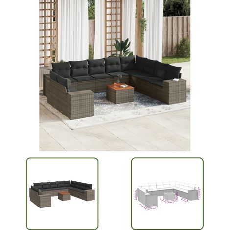 The Living Store Salon de jardin 11 pcs avec coussins gris résine tressée - Ensemble Salon De Jardin - Meuble Extérieur - Résine Tressée - Rotin Synthétique - Chaise Lounge (1/3)