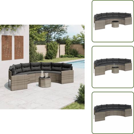 Gartensofa mit Tisch und Kissen Halbrund Grau Poly Rattan - Gartensoras - Outdoor Sofa - Halbrunder Gartensofa - Lounge Set - Gartenmöbel (1/5)