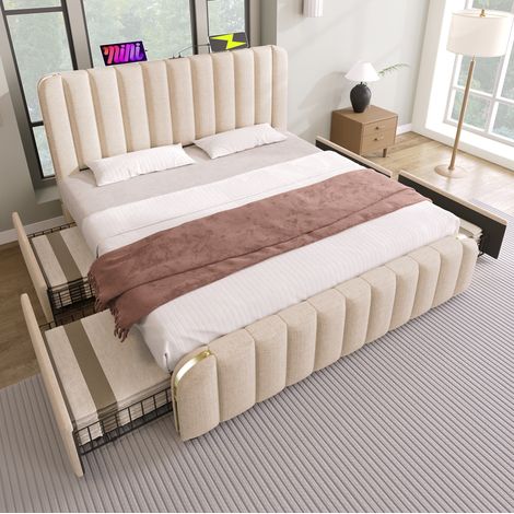 Lit double 180x200 cm beige en lin avec 4 tiroirs, USB Type-C et matelas inclus - CHICFURN (1/5)