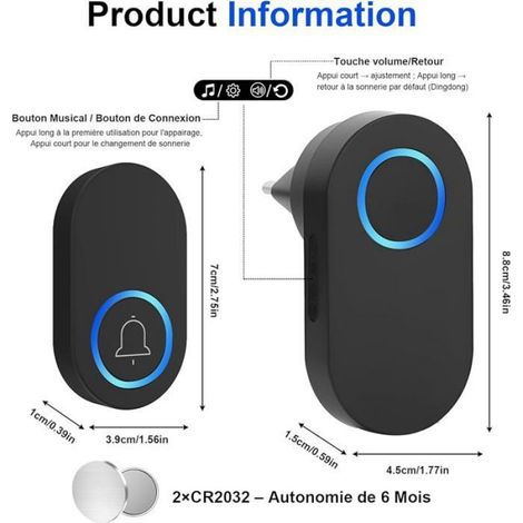 Sonnette sans Fil Exterieur Etanche 300 Mètre,Carillon sans Fil 2 Récepteurs + 1 émetteur Ip44 étanche 2 Récepteurs + 1 SONNETTE (1/5)