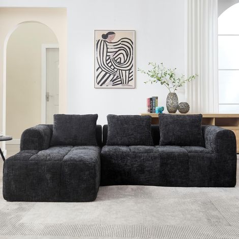 Canapé 3 Places d'angle en L avec 3 Coussins et Accoudoirs, Canapé Modulable Salon en Tissu Chenille avec Chaise Longue et Poche Latérale, canapé Moderne DIY (Noir-2) (1/5)