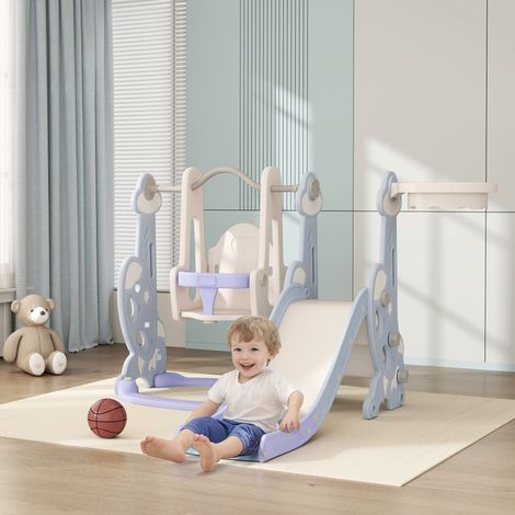 Bleu clair - Toboggan 4-en-1 pour 18-48 mois, balançoire, échelle escalade et panier basket, jeu intérieur/extérieur, crèche (1/4)