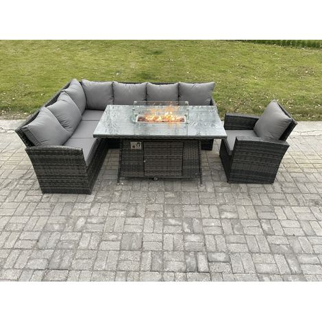 Fimous Rattan Garden Furniture High Back Corner Sofa Gas Fire Pit Dining Table Sets Gas Heater with Armchair 7 Seater Dark Grey Mixed