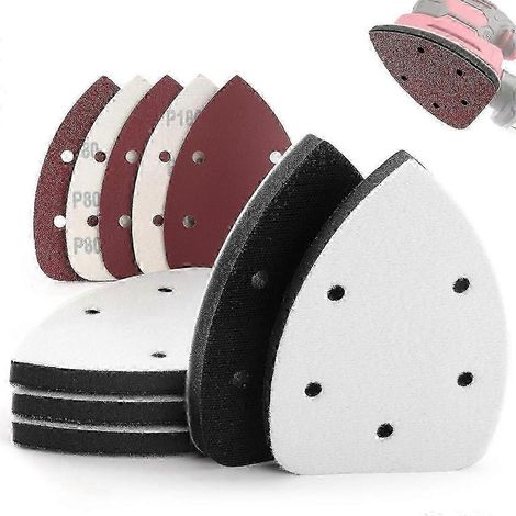 Lot de 5 tapis de ponçage triangulaires à 5 trous avec fixation auto-agrippante, pour ponceuse à souris. Support en papier abrasif. (1/5)
