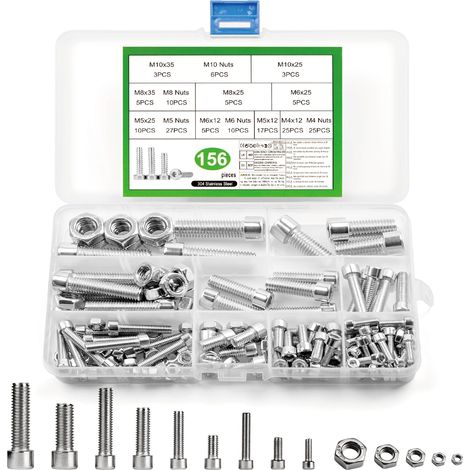 156 Pcs Boulons et écrous, M4 M5 M6 M8 M10 Vis à Tête Cylindrique à Six Pans Creux et Ecrous, Kit Assortiment Vis Boulons en Acier Inoxydable pour Mécaniques Réparation Bricolage (1/5)