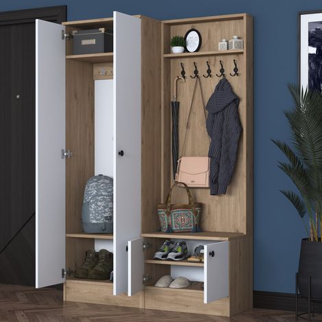 Mueble de Entrada Rezzato, 5 Estantes, Perchero, 4 Puertas, 120x36x183h cm Blanco (1/5)