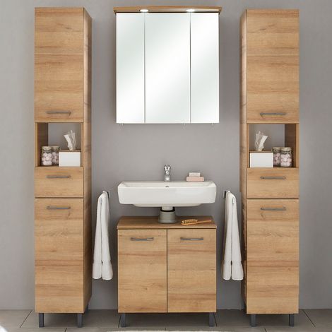 Badmöbel-Set RECIFE-66 in Riviera Eiche mit grauer Kante, Spiegelschrank mit LED - B/H/T: 150x200x33cm (1/5)