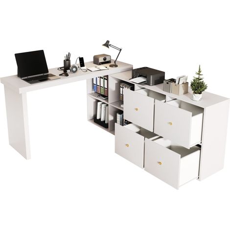 Bureau pivotant 360° 120 x 48 cm - Blanc - Meuble de rangement 140 cm - 4 tiroirs et 4 niches (1/5)