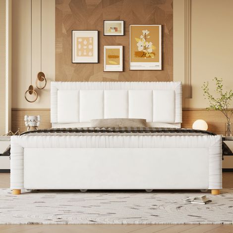 Lit double 140x200 cm capitonné, 2 tiroirs de rangement, tête et pied de lit rembourrés, velours effet flocon, pieds en bois - Beige (1/5)