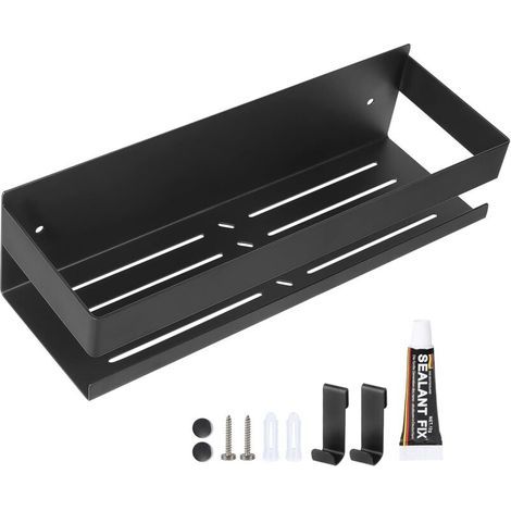 Étagère Douche Murale 30CM Etagere Salle de Bain avec 2 Crochets, Porte Savon Douche sans Perçage, Tablette Acier INOX Étagère de Rangement Support Salle de Bain, Porte pour Shampoing Gel Noir (1/5)