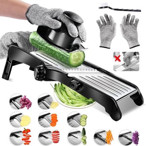 Mandoline de Cuisine Professionnelle en Inox, Coupe Legumes Multifonctions avec Epaisseur de Tranche Réglable, Mandoline Japonaise avec Gants et Brosse à Dents, pour Tranche et Julienne (1/5)