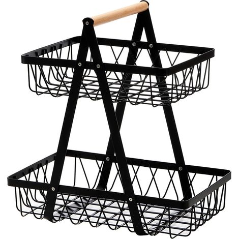 Panier de rangement en métal avec poignée, panier à deux niveaux en fil de fer style campagnard, panier rustique noir en fil de fer pour la maison, le plan de travail de la cuisine, le garde-manger, l (1/3)