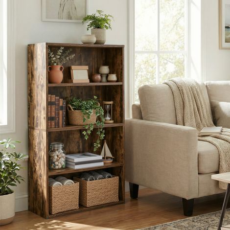 Bibliothèque, Étagère à Livres à 4 Niveaux, Meuble de Rangement, avec Compartiments Ouverts, Étagères de Rangement Réglables, pour Salon, Bureau, Marron Rustique (1/5)