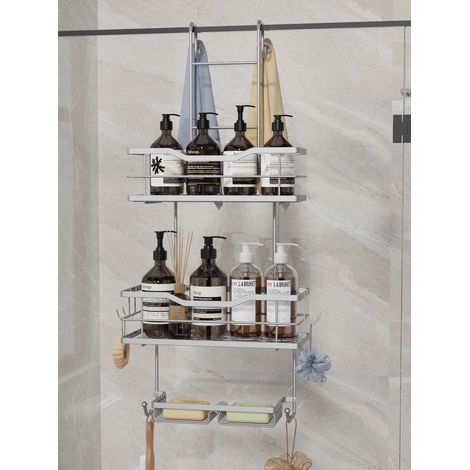 (3 étages) Étagère de douche suspendue à 3 niveaux, grande capacité, avec 2 porte-savons, noir/argent (1/5)