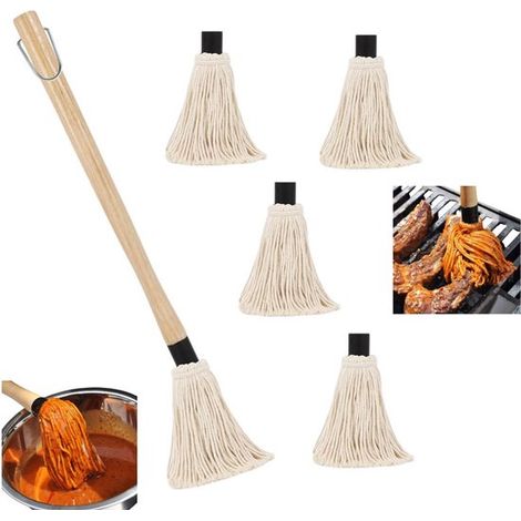 6 teilig Marinadenpinsel Grillpinsel Bestäuberpinsel Saucenpinsel Mopp mit Holzgriff Backpinsel mit Holzgriff, 4 zusätzliche Ersatzbürstenköpfe z (1/5)