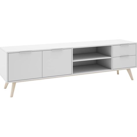 BLAJK - Meuble TV 180cm 2 Portes 2 Tiroirs Scandinave MDF et Pin Massif Naturel et Blanc (1/5)