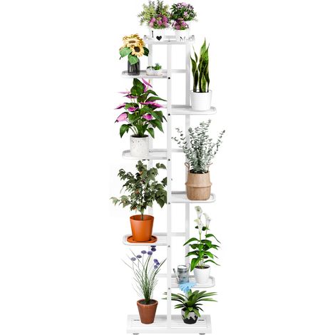 FIANAO – Support à plantes métal d'intérieur – 8 étages, design en gradins – pour salon, d'angle – 41 × 22 × 142 cm, blanc (1/5)