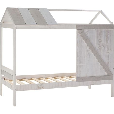 RUDDY - Lit Cabane 90x190cm Pin Massif Blanc et Gris Rustique (1/5)