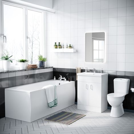 1700mm Bath, WC Toilet, 600 mm White Vanity Basin Cabinet & Front End Panel (1/5)