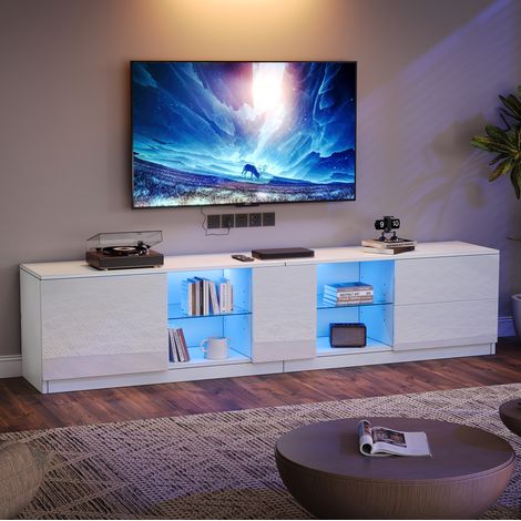 Meuble TV 160 x 40 x 52 cm, LED, 2 tiroirs, 1 porte, MDF blanc haute brillance, pour TV 65" DESVIAE (1/5)