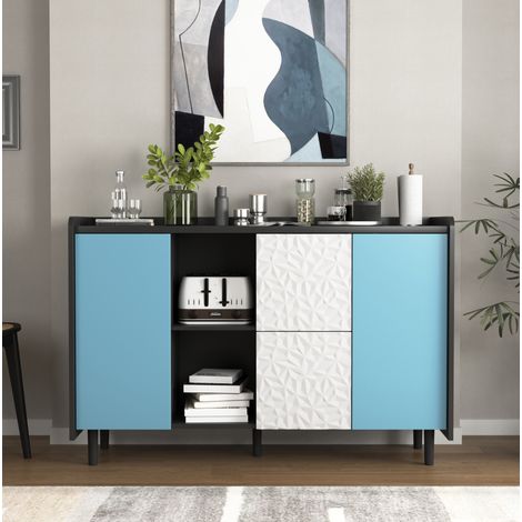 Sideboard MDF Schwarz-Blau 120 x 40 x 80 cm mit 2 Schubladen, offenen Fächern und Schrankfach (1/5)