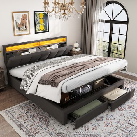 VASIEN – Lit coffre 160x200 cm–2 tiroirs,lit rembourré adulte avec Étagères ouvertes et rangement,lit double avec LED,lit hydraulique,avec sommier,lin,Gris (1/5)