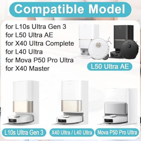 L10s Ultra Gen 3 / L50 Ultra AE Accessoires pour Dreame L40 Ultra / X40 Ultra Complete/Mova P50 Pro Ultra Pièces de Rechange 4 Sacs à Poussière 2 Brosse Principale 4 Chiffons Filtres Brosse Latérale (1/3)