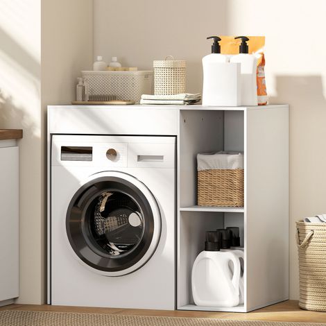 Meuble machine à laver, armoire machine a laver et sèche-linge avec 2 compartiments ouverts, 96 x 60 x 90,5 cm, blanc (1/5)