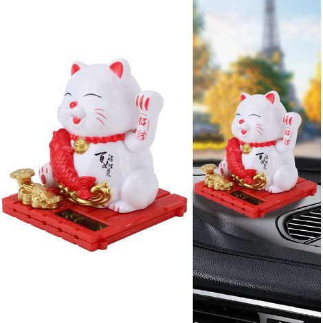 Chaton Soleil Ondulant Statue avec Couverture Transparente Blanche pour Bureau Dashboard Auto ABS Blanc 83mm Inclus Accessoire Décoration Fortune (1/5)