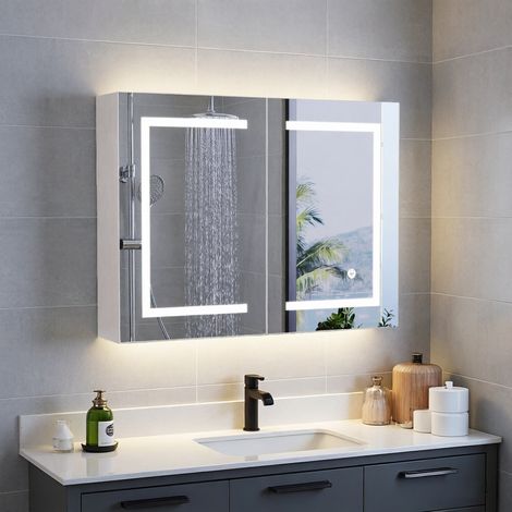 Armoire murale salle de bain avec éclairage LED - Trois couleurs réglables - Tactile intelligent - 80 x 13.5 x 60 - 2 portes - MDF - Blanc (1/5)