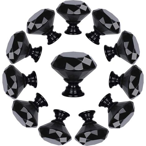 10 Stück Schubladenknöpfe aus Kristallglas in Rautenform (30 mm, ganz schwarz) Schrankknöpfe Zuggriffe (1/5)
