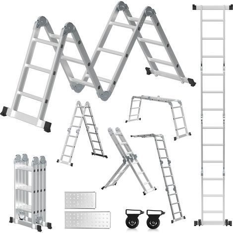 SWANEW Scala multifunzione in alluminio,scala multiuso 360cm, scala pieghevole 6 in 1 con 2 ruote e piattaforma, scala multiuso pieghevole 4 x 3 argento fino a 150KG (1/5)