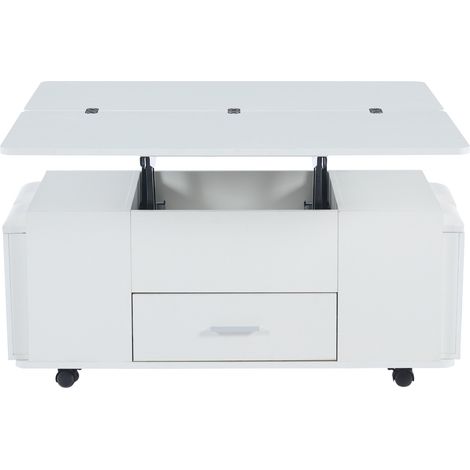 Mesita de centro elevable multifuncional blanca con 4 taburetes, cajón y ruedas (1/5)