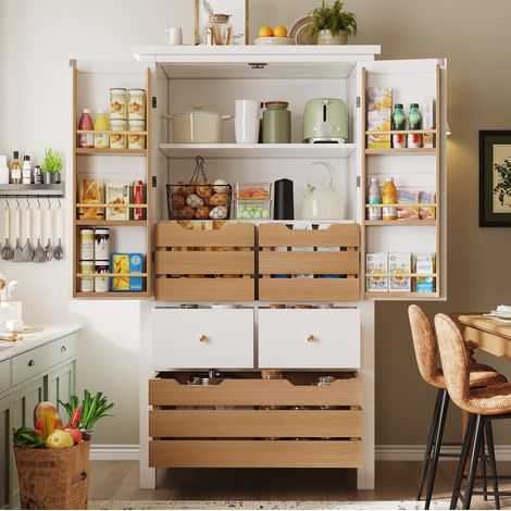 Credenza da cucina 80x40x140 cm, con due ante e cinque cassetti, ripiani interni, MDF, bianco (1/5)