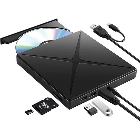 Lector Grabador Cd Dvd Externo - Usb 3 0 Y Tipo C - Lector Tarjeta Sd Tf - 2 Puertos Usb A - Compatible Con Windows Mac Linux - Negro
